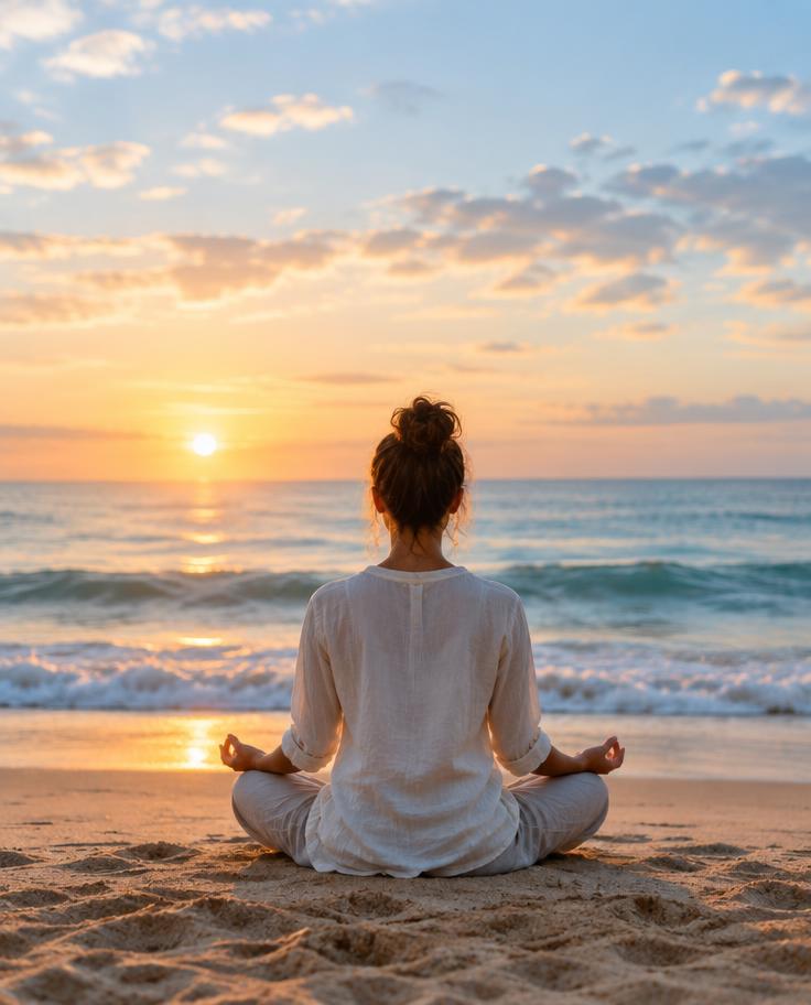 Pessoa meditando na praia