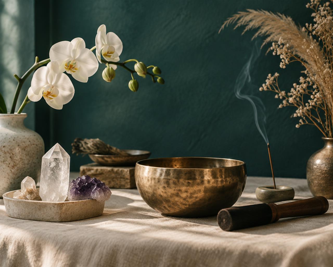 Tigela tibetana de latão, cristais, orquídea branca e incenso sobre linho cru — símbolos das terapias holísticas